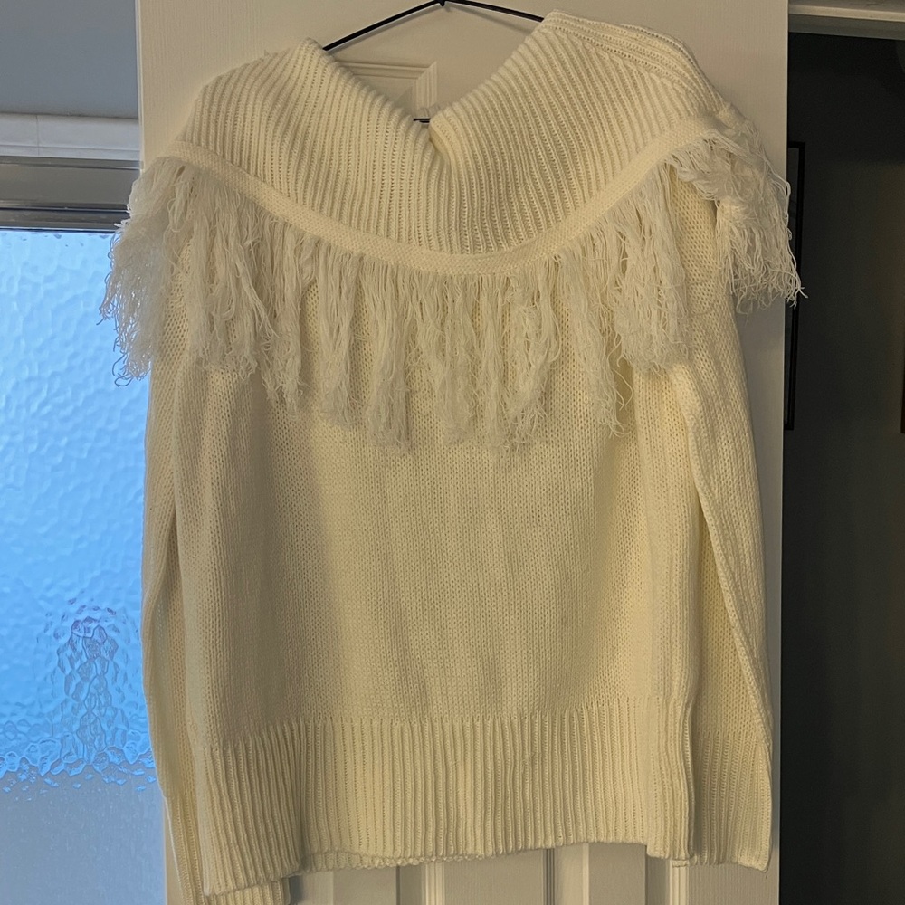 Cato Off-the-Shoulder White Fringed Sweater